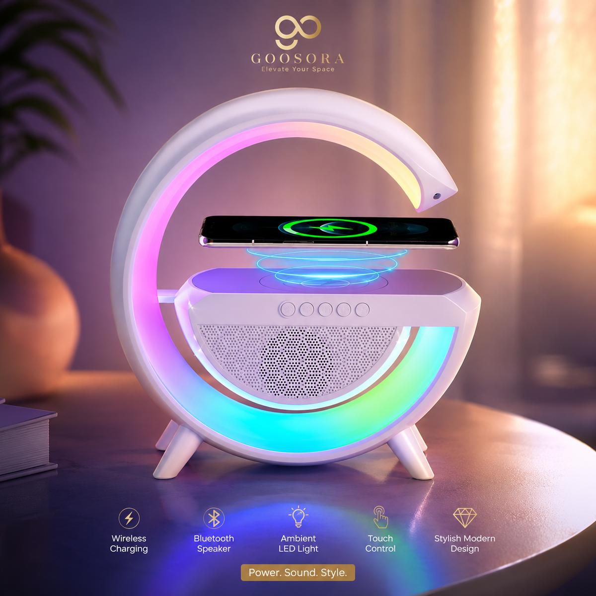 GlowBeat 3-in-1 Bluetooth Speaker, LED Light & Wireless Charger