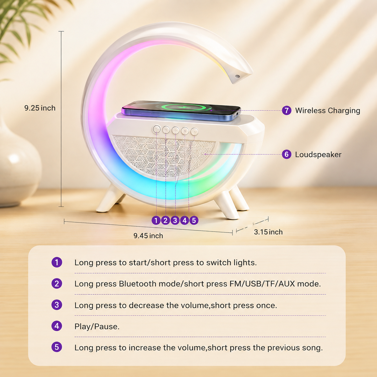 GlowBeat 3-in-1 Bluetooth Speaker, LED Light & Wireless Charger