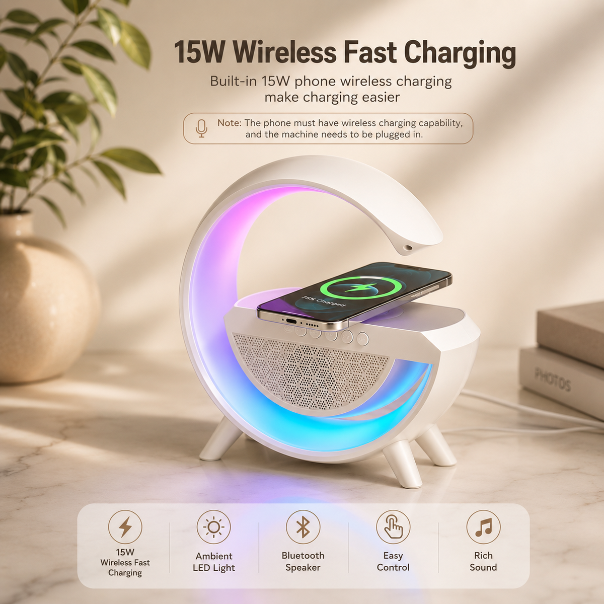 GlowBeat 3-in-1 Bluetooth Speaker, LED Light & Wireless Charger
