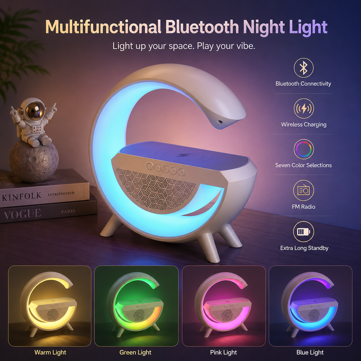 GlowBeat 3-in-1 Bluetooth Speaker, LED Light & Wireless Charger